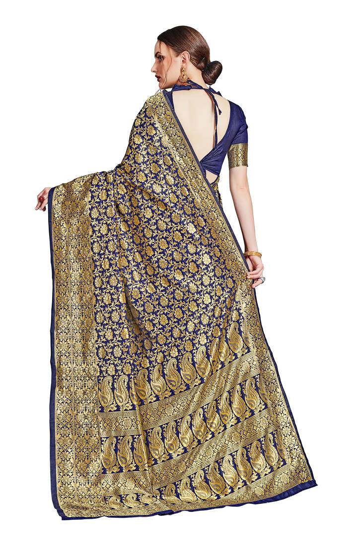 blue woven art silk saree with blouse