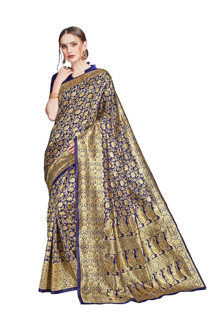 blue woven art silk saree with blouse