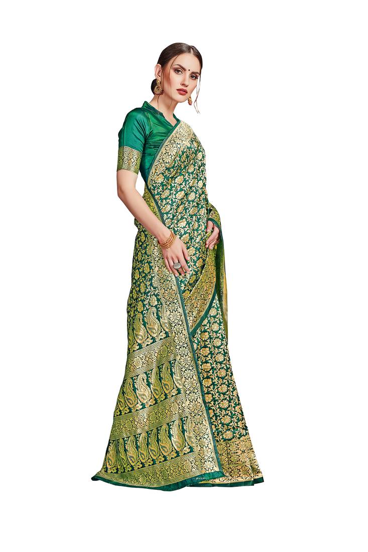 green woven art silk saree with blouse
