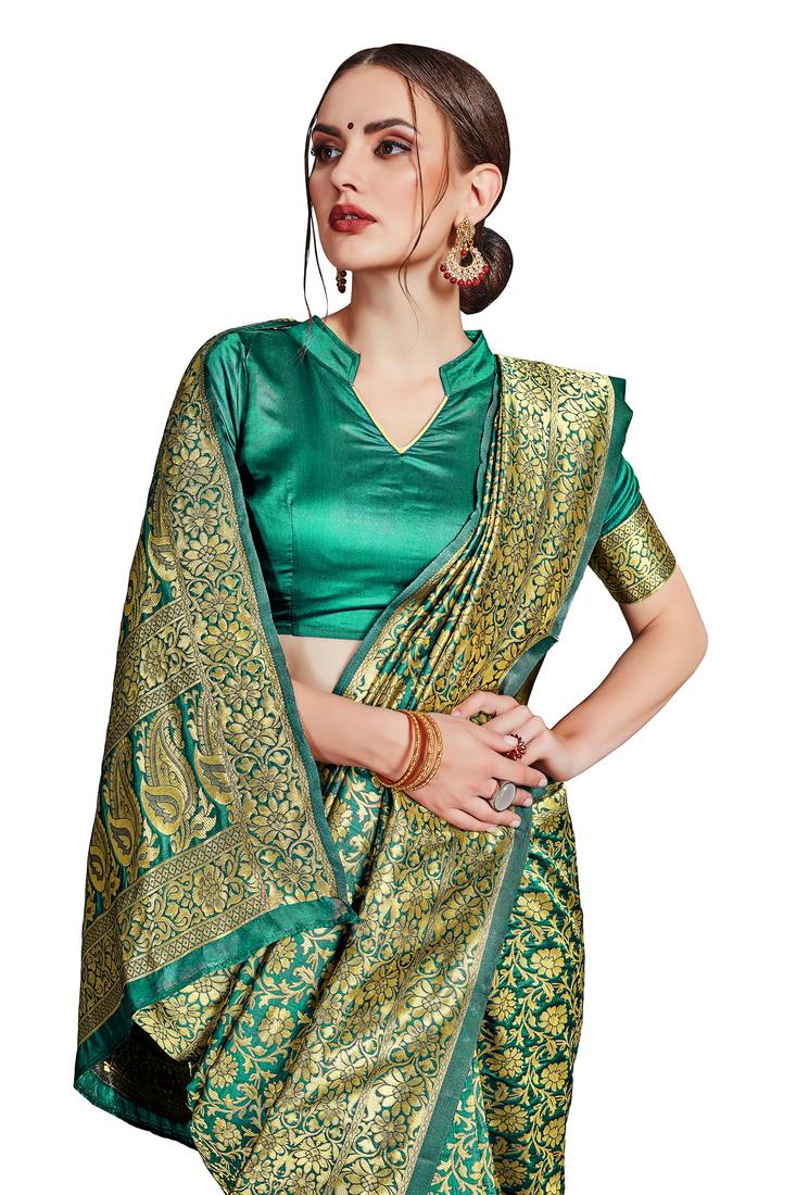 green woven art silk saree with blouse