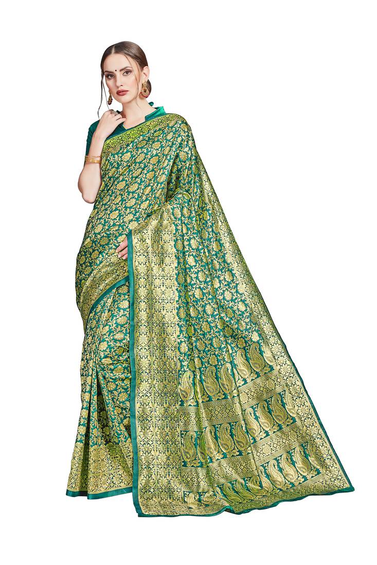 green woven art silk saree with blouse