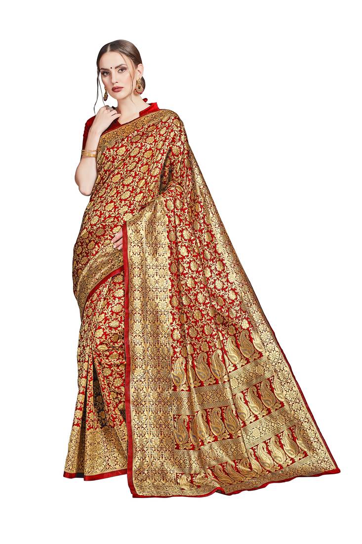 red woven art silk saree with blouse