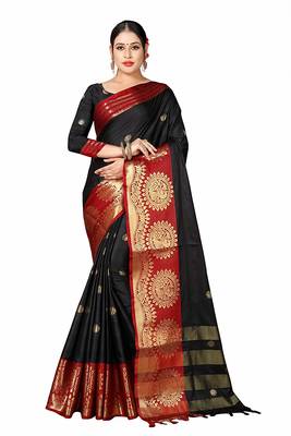 Black Printed Cotton Silk Saree With Blouse 1