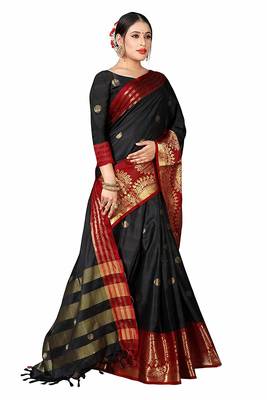 Black Printed Cotton Silk Saree With Blouse 2