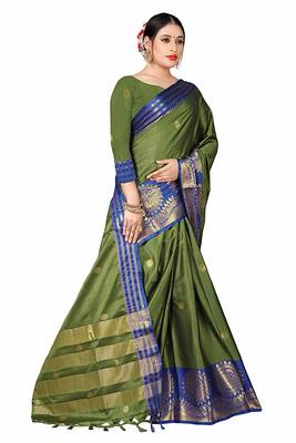 Green Printed Cotton Silk Saree With Blouse 2