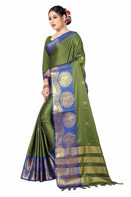 Green Printed Cotton Silk Saree With Blouse 4