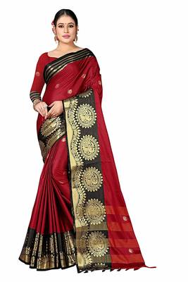 Red Printed Cotton Silk Saree With Blouse 1