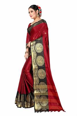 Red Printed Cotton Silk Saree With Blouse 4