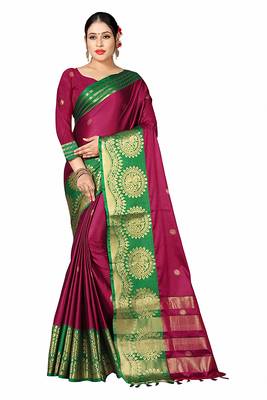 Wine Printed Cotton Silk Saree With Blouse 1