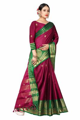 Wine Printed Cotton Silk Saree With Blouse 2