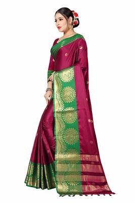 Wine Printed Cotton Silk Saree With Blouse 4