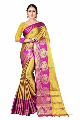Yellow Printed Cotton Silk Saree With Blouse 1