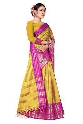 Yellow Printed Cotton Silk Saree With Blouse 2