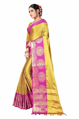 Yellow Printed Cotton Silk Saree With Blouse 4