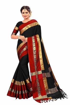 Black Printed Cotton Silk Saree With Blouse 1
