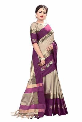 Purple Printed Cotton Silk Saree With Blouse 2