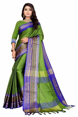 Green Printed Cotton Silk Saree With Blouse 1