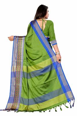 Green Printed Cotton Silk Saree With Blouse 3