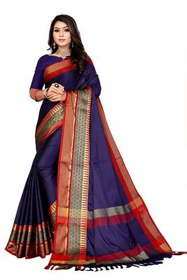 Blue Printed Cotton Silk Saree With Blouse 1