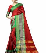 Red Printed Cotton Silk Saree With Blouse
