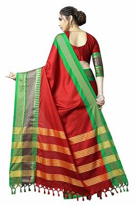 Red Printed Cotton Silk Saree With Blouse 3