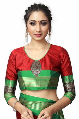 Red Printed Cotton Silk Saree With Blouse 4