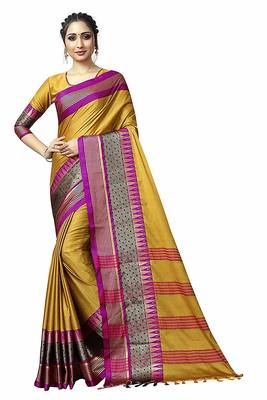 Yellow Printed Cotton Silk Saree With Blouse 1