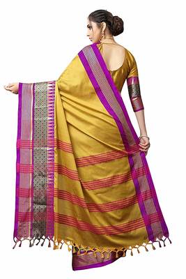 Yellow Printed Cotton Silk Saree With Blouse 3