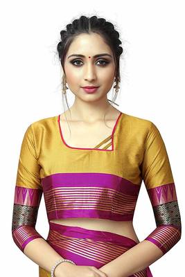 Yellow Printed Cotton Silk Saree With Blouse 4