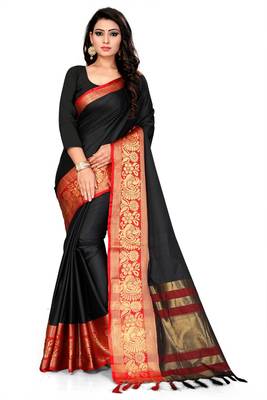 Black Printed Cotton Silk Saree With Blouse 1