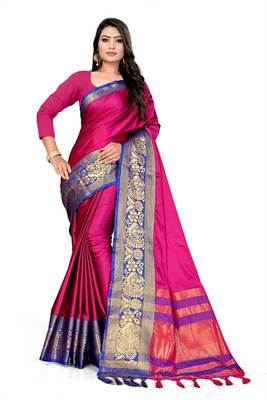 Pink Printed Cotton Silk Saree With Blouse 1