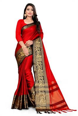 Red Printed Cotton Silk Saree With Blouse 1