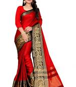 Red Printed Cotton Silk Saree With Blouse