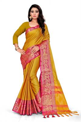 Yellow Printed Cotton Silk Saree With Blouse 1