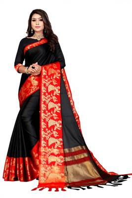 Black Printed Cotton Silk Saree With Blouse 1
