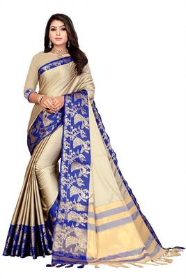 Blue Printed Cotton Silk Saree With Blouse 1