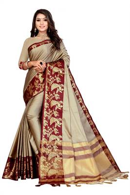 Brown Printed Cotton Silk Saree With Blouse 1