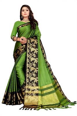 Green Printed Cotton Silk Saree With Blouse 1