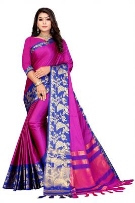Blue Printed Cotton Silk Saree With Blouse 1