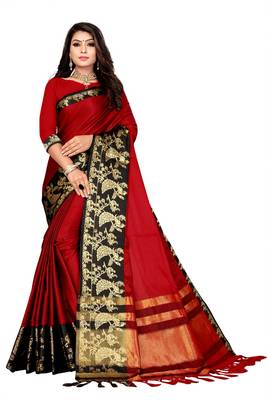 Red Printed Cotton Silk Saree With Blouse 1