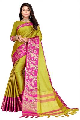 Yellow Printed Cotton Silk Saree With Blouse 1