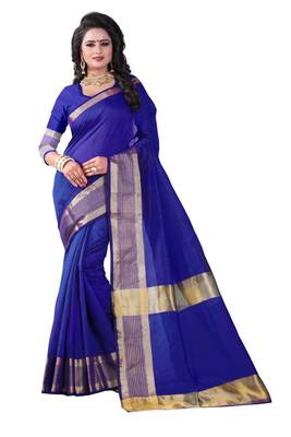 Blue Printed Cotton Silk Saree With Blouse 1