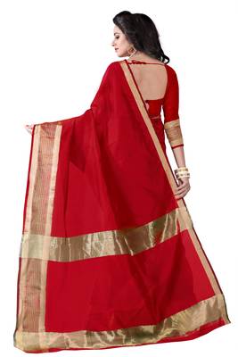 Red Printed Cotton Silk Saree With Blouse 3