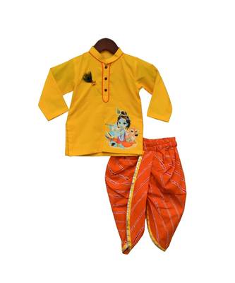 Yellow Kurti with Orange Leheriya Dhoti 1