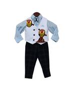 Powder Blue Shirt with Black Check Pant & White Iron Man Print Waist Coat