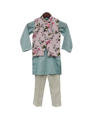Baby Pink Printed Kurti with Ice Blue Kurta & Pant 1