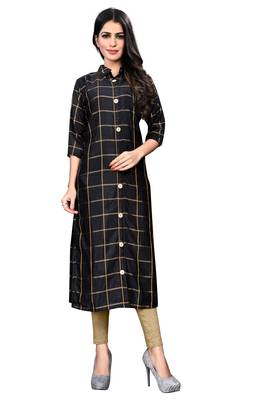 Black Raw Silk Checkered Patterned Kurtis 2