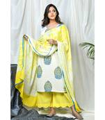 Nigaar Block print set with tye dye dupatta and scalloped pallazos