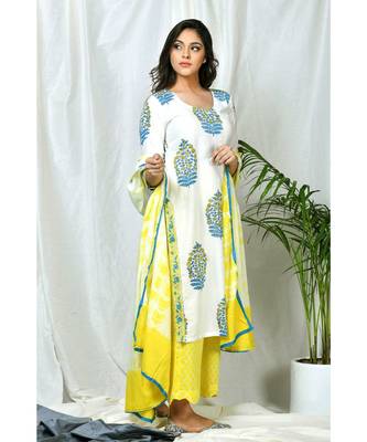 Nigaar Block print set with tye dye dupatta and scalloped pallazos 5