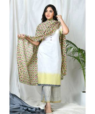 Lotus Block Print Dupatta with Suit Set 1